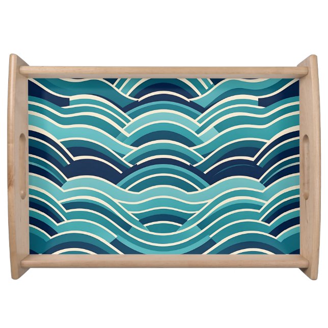 Teal Navy Geometric Ocean Waves Repeating Pattern Serving Tray (Front)