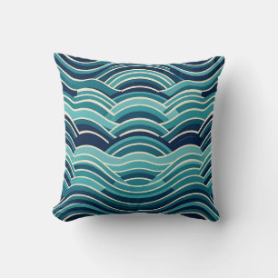Teal Navy Geometric Ocean Waves Repeating Pattern Throw Pillow