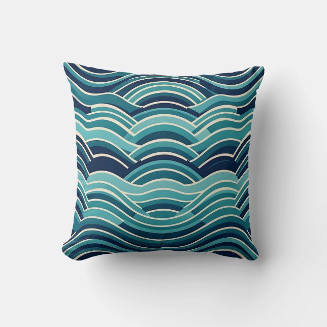 Teal Navy Geometric Ocean Waves Repeating Pattern Throw Pillow (Front)