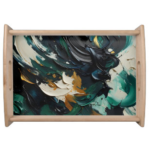 Teal Navy Gold Abstract Swirls Serving Tray