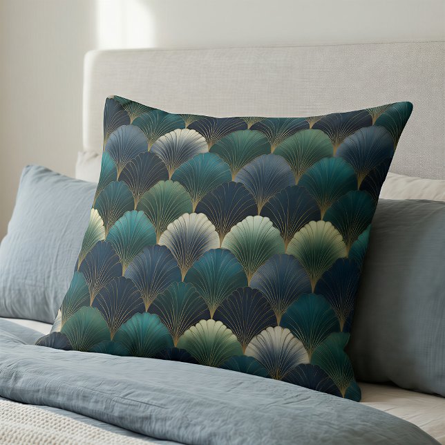 Teal Navy Gold Art Deco Fan Pattern Throw Pillow (Creator Uploaded)