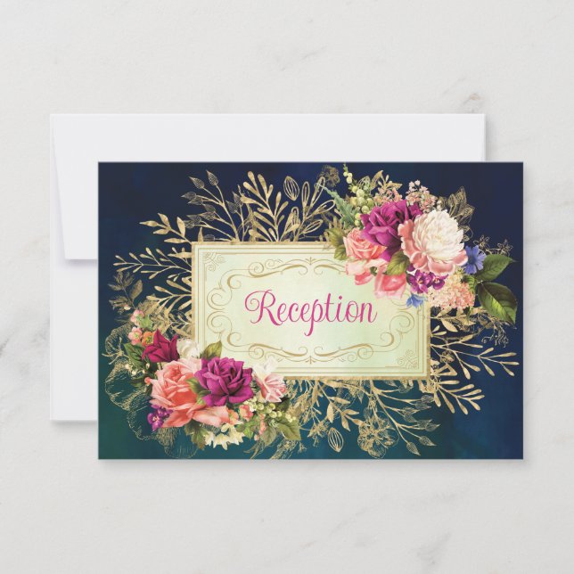 Teal, Navy, Gold Bold Florals Wedding Enclosure Invitation (Front)