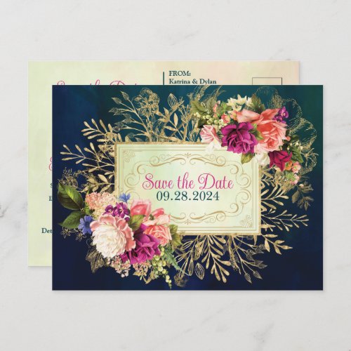 Teal Navy Green Gold Bold Florals Save the Date Postcard