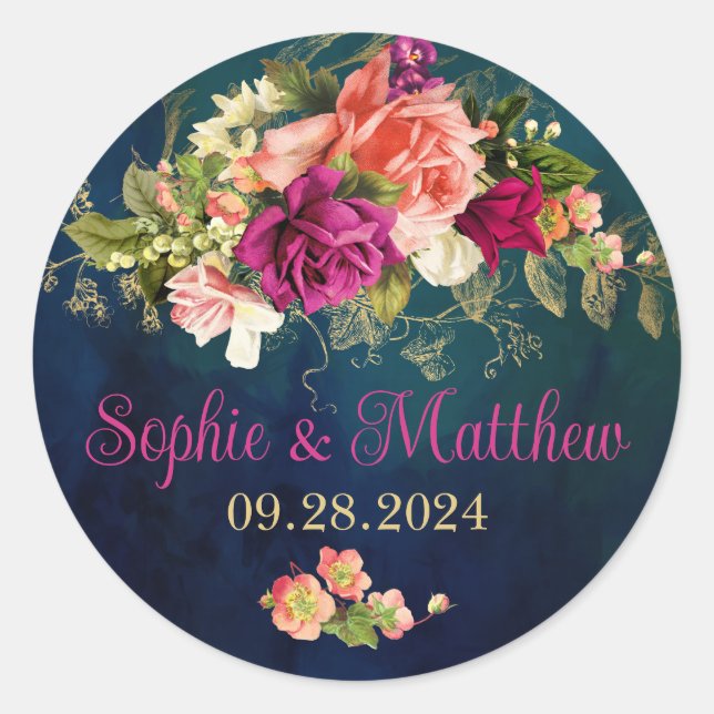 Teal, Navy, Green, Gold Bold Florals Wedding Classic Round Sticker (Front)