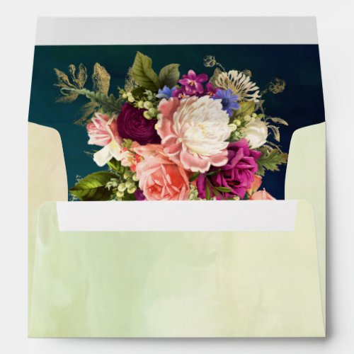 Teal Navy Green Gold Bold Florals Wedding Envelope