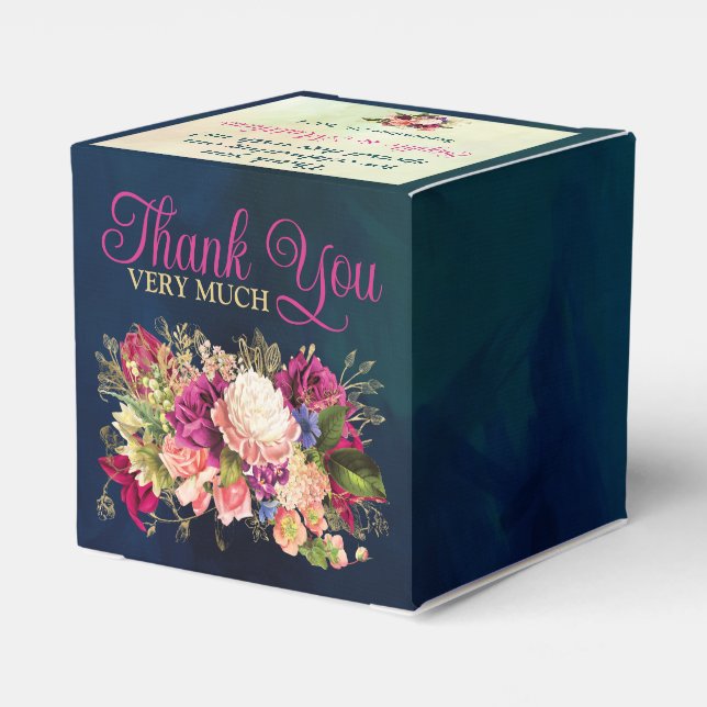 Teal, Navy, Green, Gold Bold Florals Wedding Favor Boxes (Back Side)