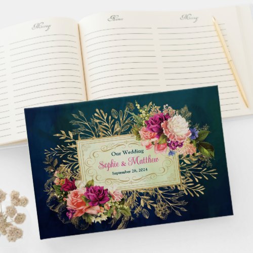 Teal Navy Green Gold Bold Florals Wedding Guest Book