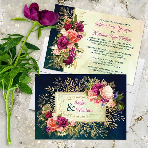 Teal Navy Green Gold Bold Florals Wedding Invitation