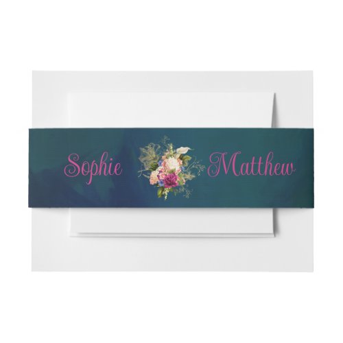Teal Navy Green Gold Bold Florals Wedding Invitation Belly Band