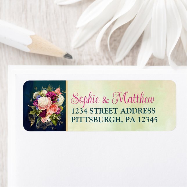 Teal, Navy, Green, Gold Bold Florals Wedding Label (Insitu)
