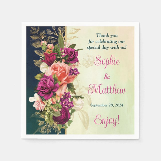 Teal, Navy, Green, Gold Bold Florals Wedding Napkins (Front)