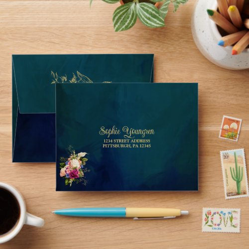 Teal Navy Green Gold Bold Florals Wedding RSVP Envelope