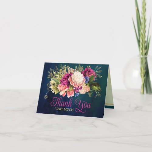 Teal Navy Green Gold Bold Florals Wedding Thank You Card