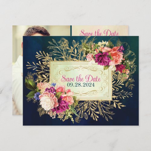 Teal Navy Green Gold Floral PHOTO Save the Date