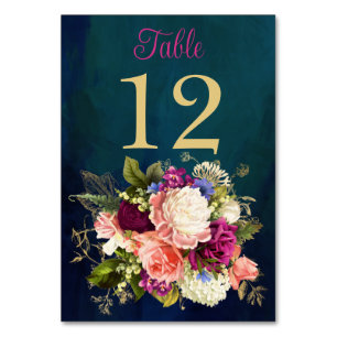 Teal, Navy, Green, Gold Florals Table Number Card