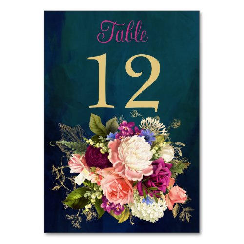 Teal Navy Green Gold Florals Table Number Card