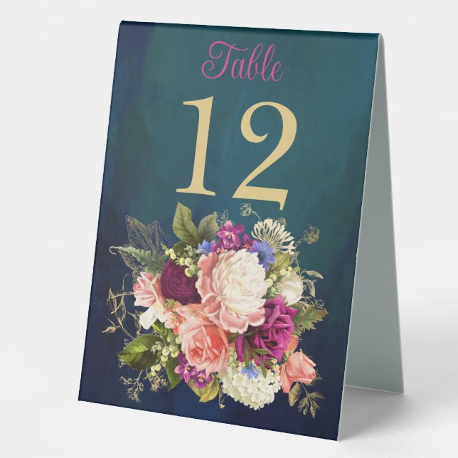 Teal, Navy, Green, Gold Florals Table Number Card Table Tent (Front)