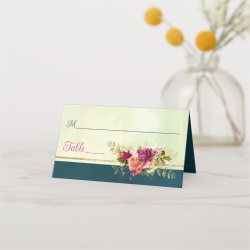 Teal Navy Green Gold Florals Wedding Place Card