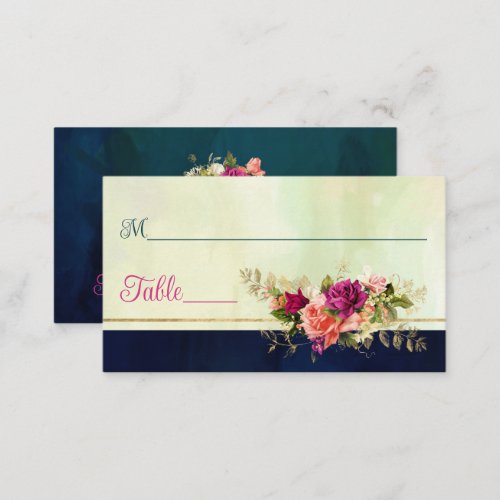 Teal Navy Green Gold Florals Wedding Place Card