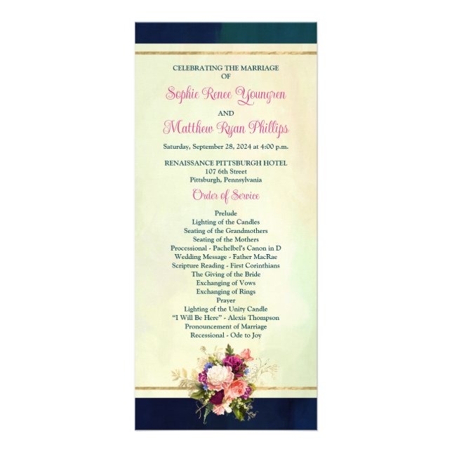 Teal, Navy, Green, Gold Florals Wedding Program (Front)