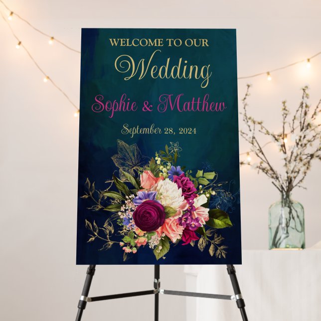Teal, Navy, Green, Gold Florals Wedding Welcome Foam Board (In Situ (Stand))
