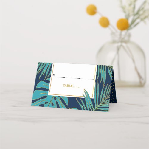 Teal navy leaves tropical wedding folded escort place card