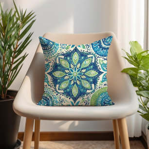 Teal Navy Lime Mandela Boho Throw Pillow