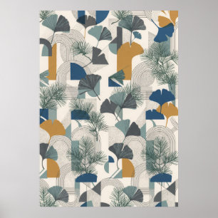 Teal Navy Mustard Ginkgo Pine Geometric Poster