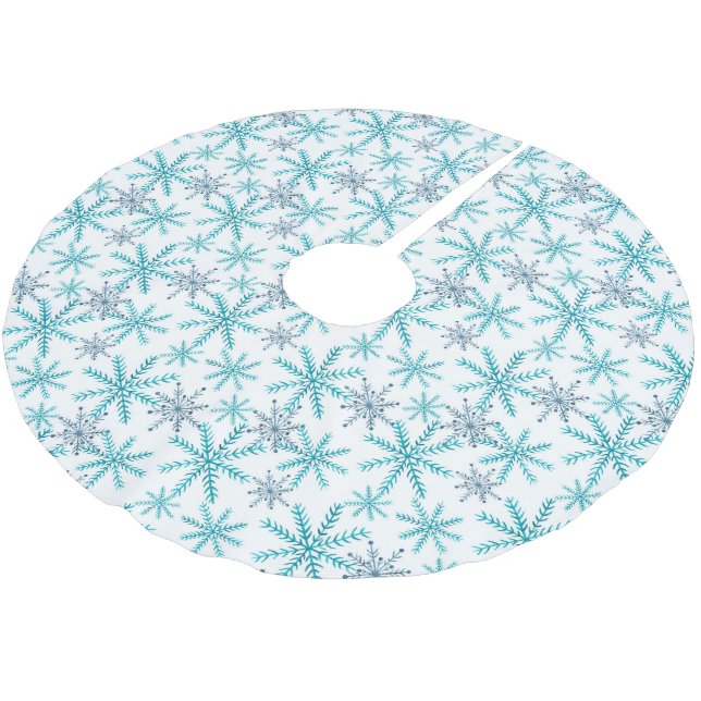 Teal Navy Snowflake Pattern Brushed Polyester Tree Skirt (Angled)