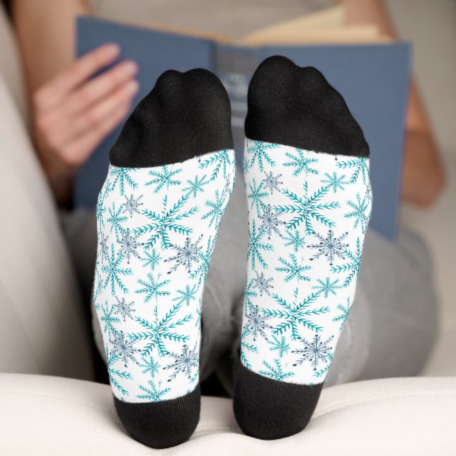 Teal Navy Snowflake Retro Pattern Socks (Bottom)