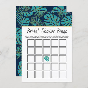 Teal, navy tropical leaves bridal bingo game card