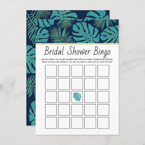 Teal navy tropical leaves bridal bingo game card
