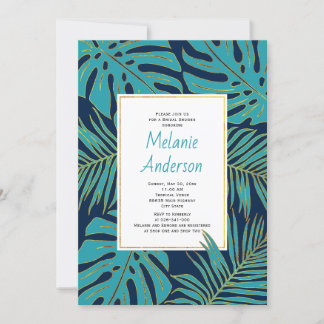 Teal, navy tropical leaves wedding bridal shower invitation