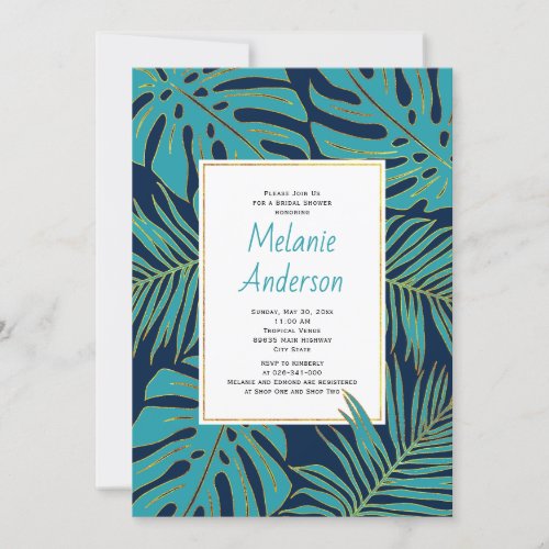Teal navy tropical leaves wedding bridal shower invitation