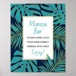 Teal, navy tropical leaves wedding bridal shower poster
