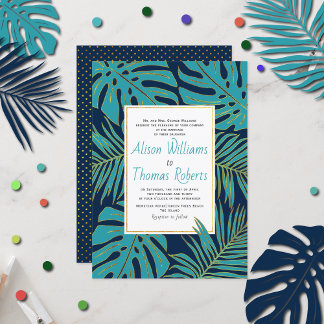 Teal, navy tropical monstera palm leaves wedding invitation