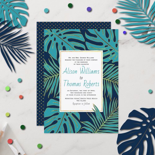 Teal navy tropical monstera palm leaves wedding invitation