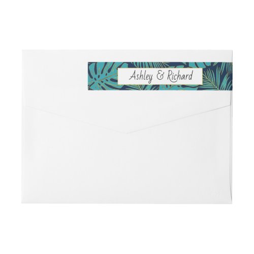 Teal navy tropical monstera palm leaves wedding wrap around label