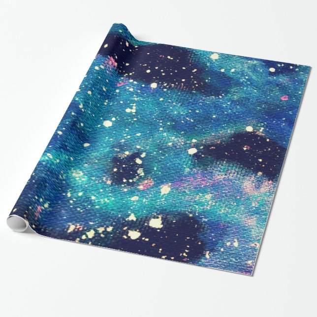Teal Nebula and Stars Wrapping Paper (Unrolled)