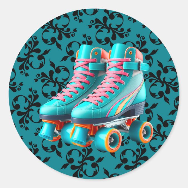 Teal Neon Rollerskate Birthday Party Classic Round Sticker (Front)
