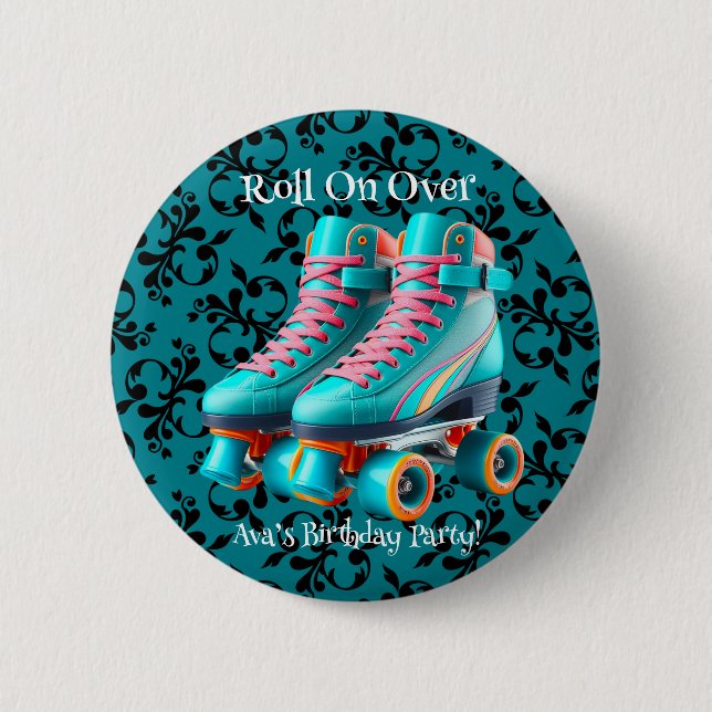 Teal Neon Rollerskate Birthday Party Custom Button (Front)