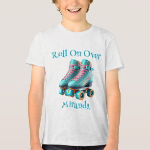 Teal Neon Rollerskate Birthday Party Custom Tri-Blend Shirt