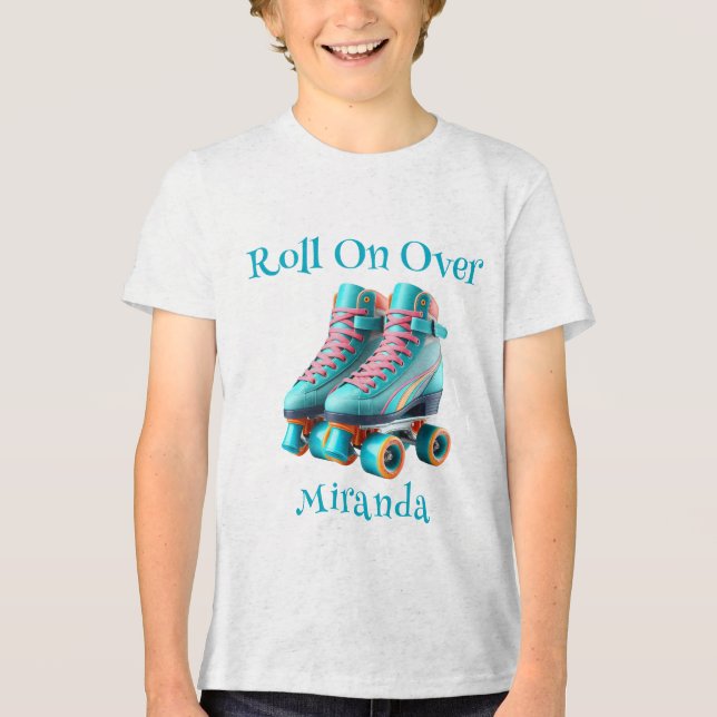 Teal Neon Rollerskate Birthday Party Custom Tri-Blend Shirt (Front)