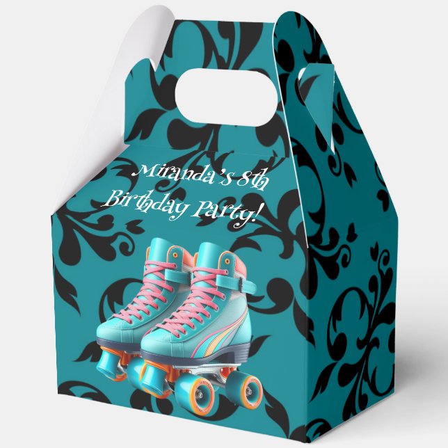 Teal Neon Rollerskate Birthday Party Favor Boxes (Back)