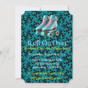Teal Neon Rollerskate Birthday Party Invitation