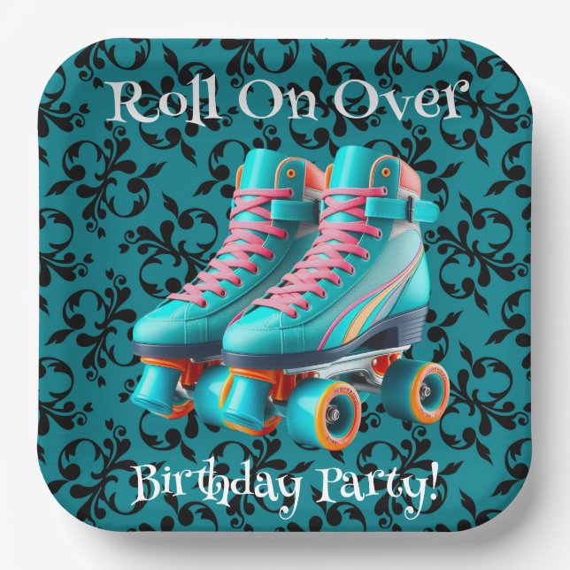 Teal Neon Rollerskate Birthday Party Paper Plates (Front)
