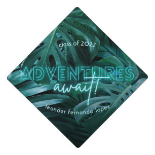 Teal Neon Tropical Leaves Graduation Cap Topper