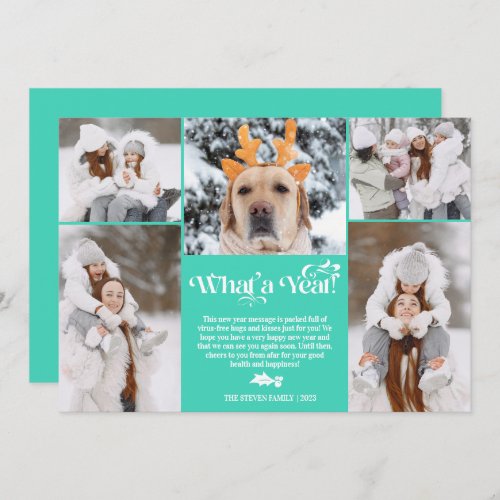 Teal New Year in review 5 photo collage grid Holiday Card