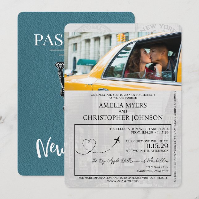 Teal New York City Passport Wedding Invitation (Front/Back)