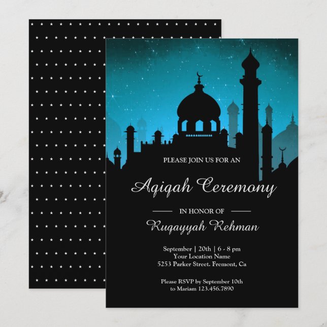 Teal Night Sky Arabian Nights Aqiqah Invitation (Front/Back)